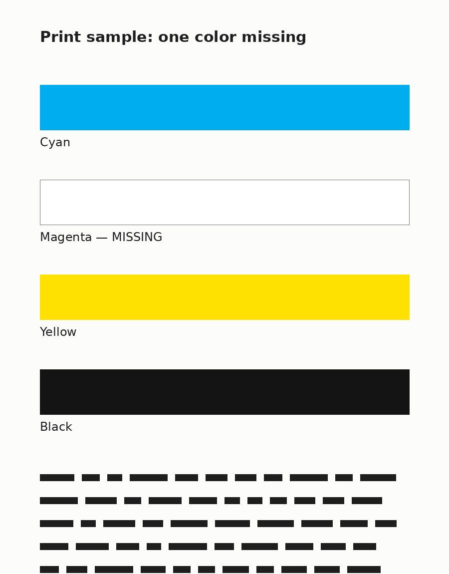 Color test sample with the magenta channel missing entirely