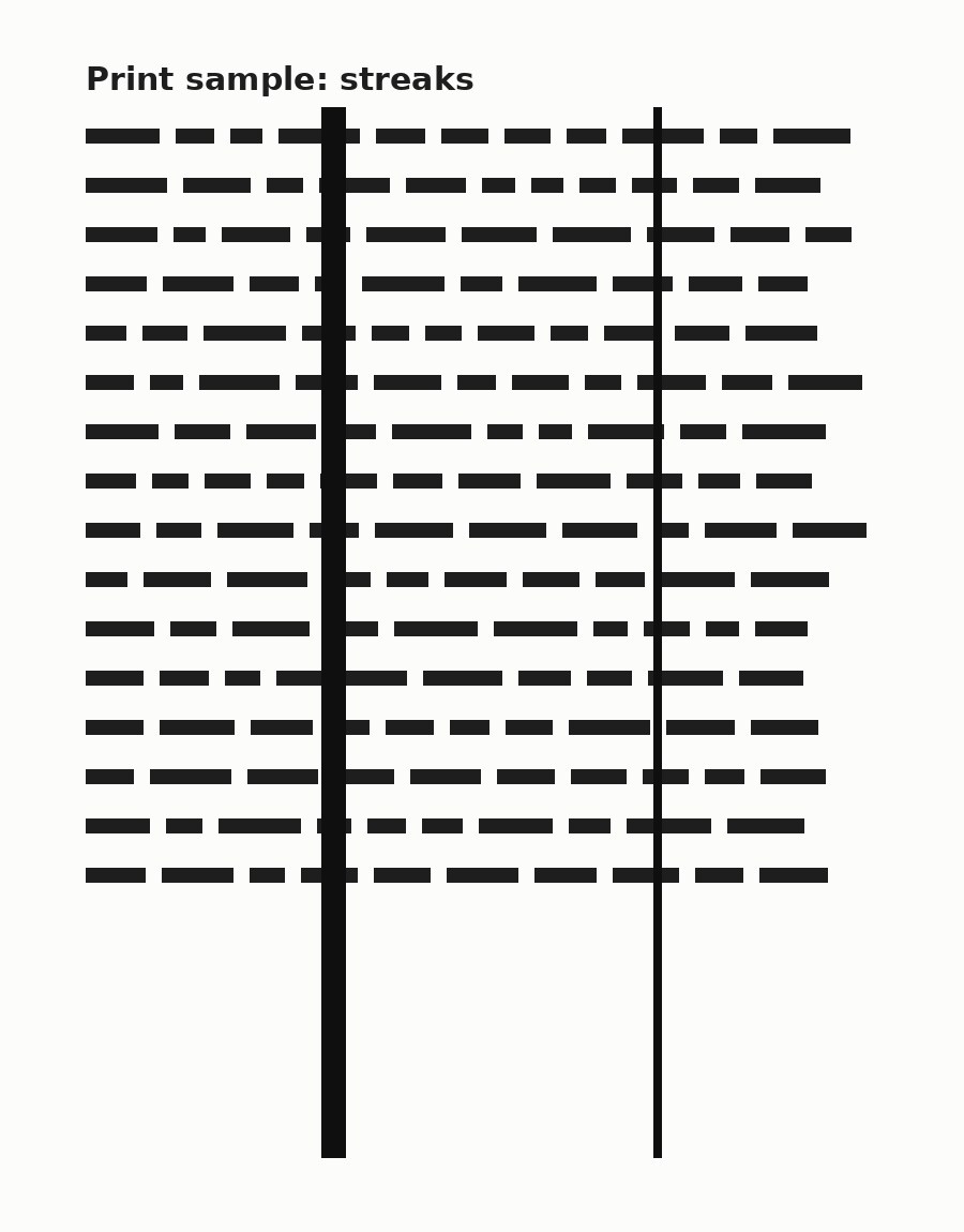 Print sample showing dark vertical streaks running down the page